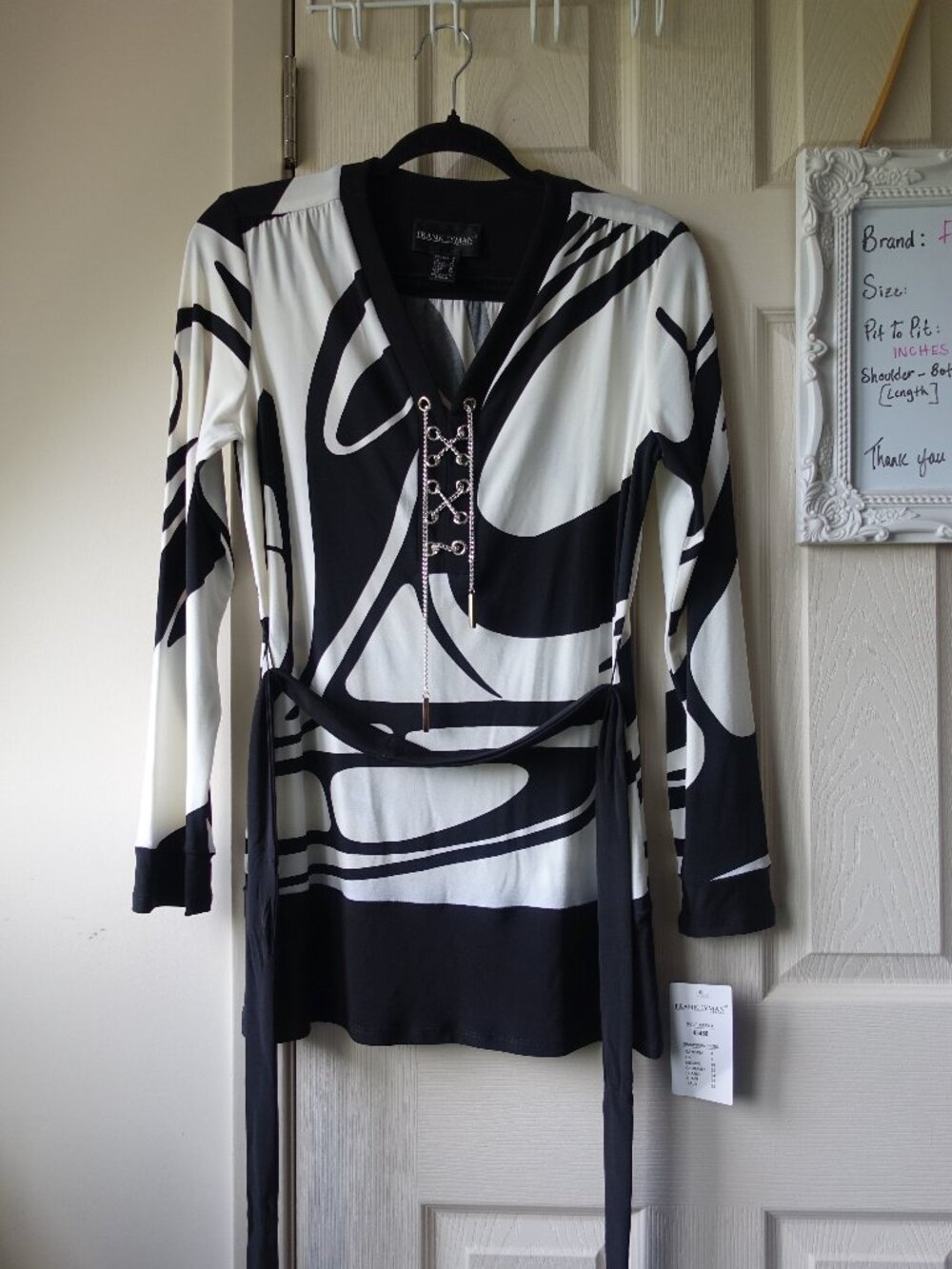 Frank Lyman Design Black and White Lace-Up Tunic Top